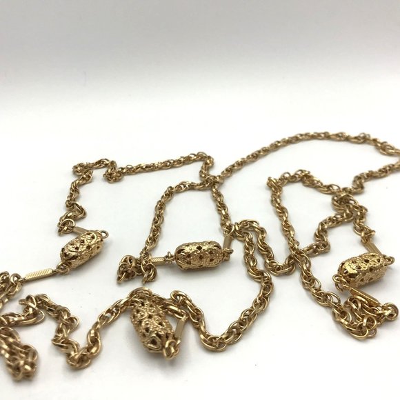 Necklace gold tone chain with filigree designed beads 54" length by Sarah Convin - Picture 1 of 4